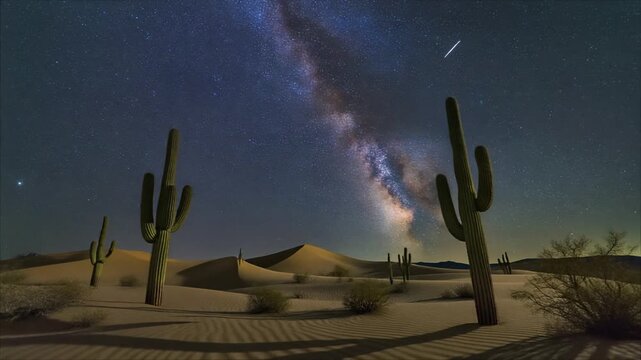 A breathtaking night sky over a desert landscape with saguaro cacti and sand dunes, revealing the Milky Way.