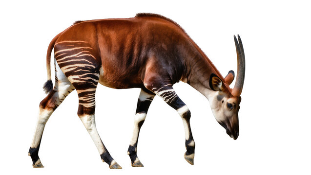 Okapi with zebra-like stripes on legs, isolated on transparent background