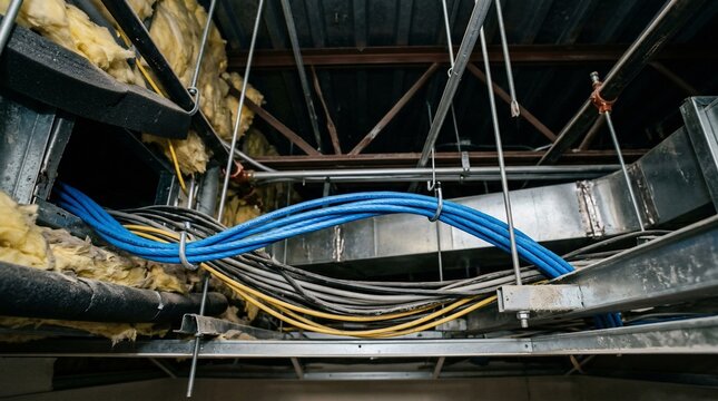 Industrial electrical wiring and ductwork in a commercial building ceiling plenum.