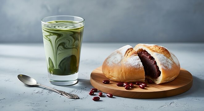 Matcha drink and bread with red bean filling on wooden board