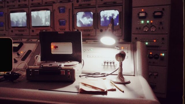Vintage surveillance control room with tape recorder