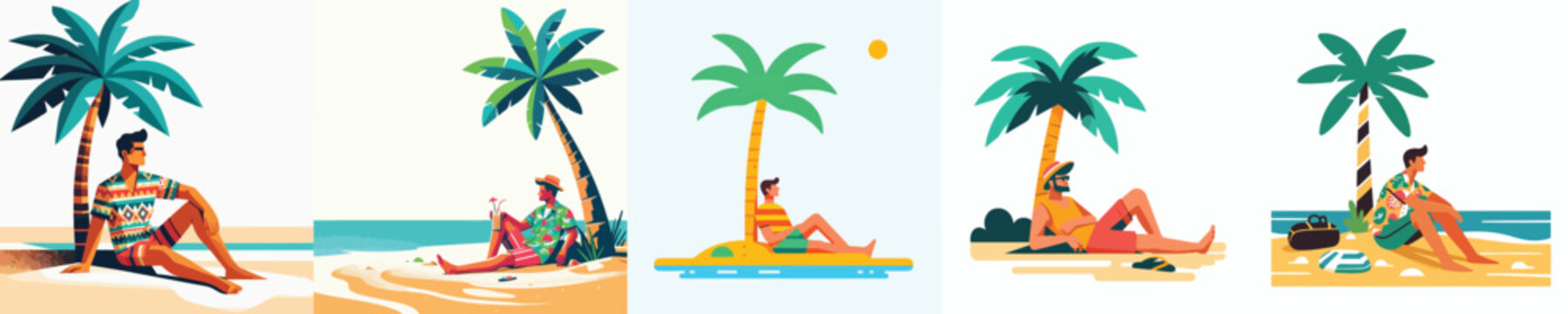 vector of a man leaning on a coconut tree on the beach