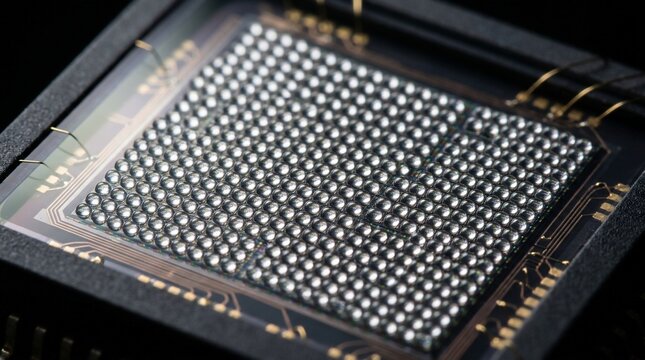 Macro view of a modern BGA computer processor chip showing solder ball grid array.