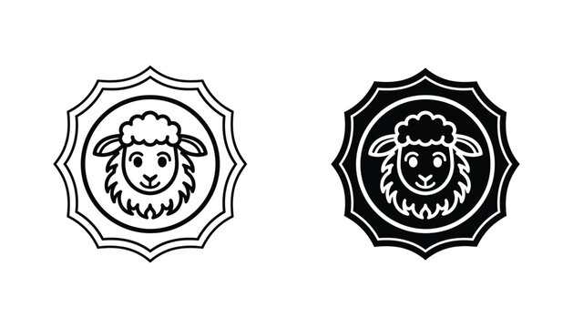 Cute sheep head emblem icon set in decorative frame in outline and solid black vector style for organic food or farm branding