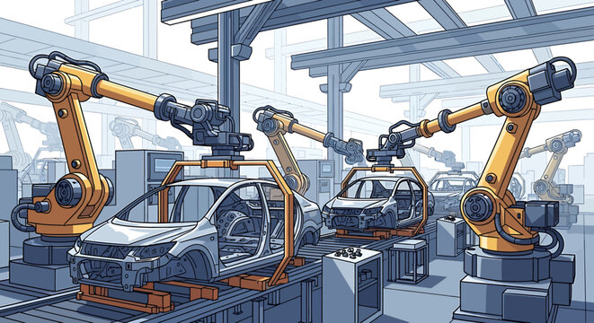 Robotic arms assembling a car.