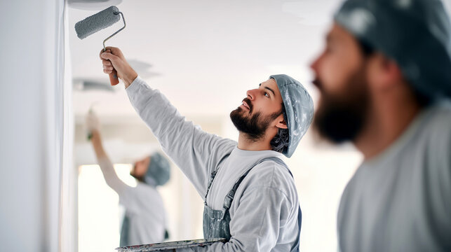 Two male painters in work overalls rolling white paint onto ceiling and walls in bright apartment. Home renovation painting service, wall finishing and interior decoration concept.