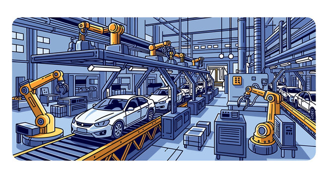 Robotic arms assembling a car.