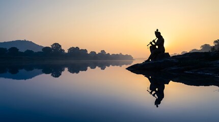 Fototapeta premium Silhouette of a musician playing flute by a serene lakeside at sunrise