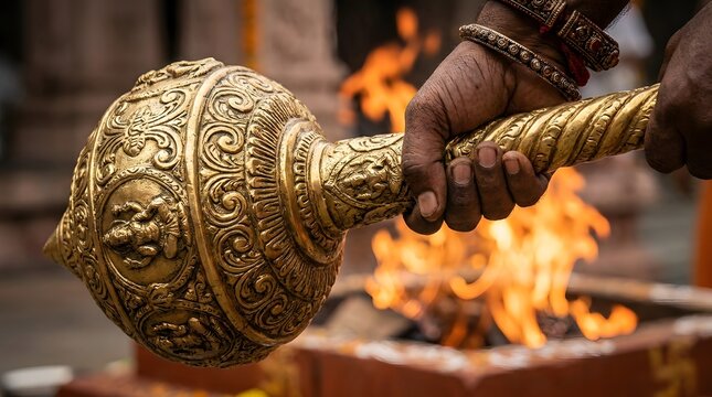 Intricately carved golden mace held during a traditional fire ritual