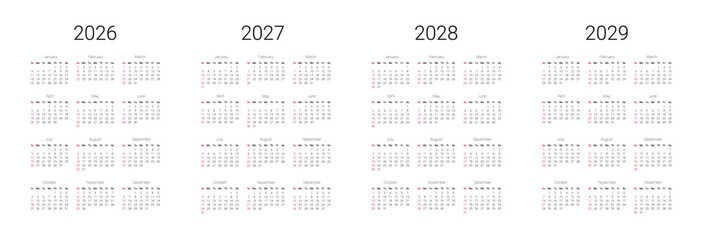 English 2026, 2027, 2028, 2029 calendar start from Sunday. Vector illustration design template for USA, Canada. © dmutrojarmolinua