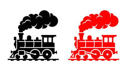 Steam locomotive vector icons in black and red. Representing vintage rail transport, industrial heritage, and logistics. Ideal for travel branding and historical education © Sahabat