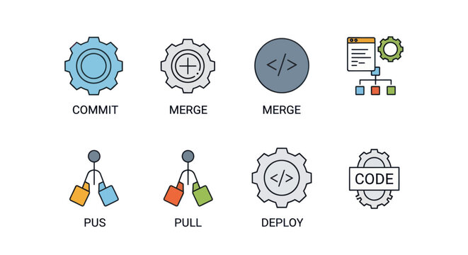 Software development workflow icons: commit, merge, pull, push, deploy
