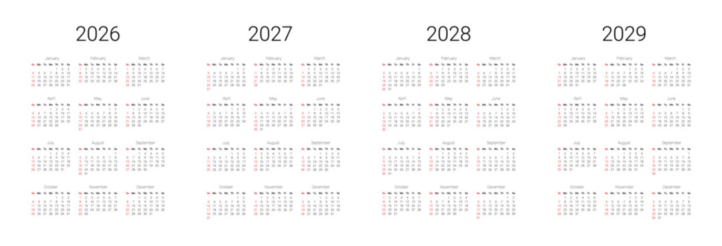 English 2026, 2027, 2028, 2029 calendar start from Sunday. Vector illustration design template for USA, Canada.