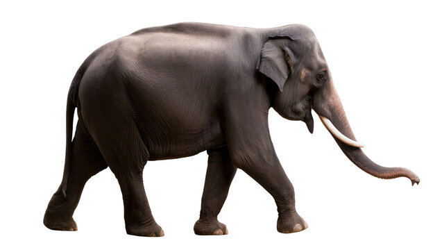 Large Asian elephant with tusks walking, isolated on transparent background