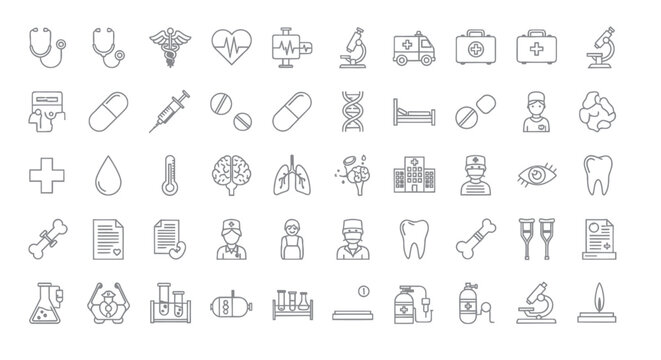Collection of medical line icons and healthcare symbols for clinical and scientific use
