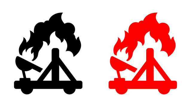 Catapult vector icons in black and red with fire. Representing medieval siege warfare, ancient military technology, and historical battle equipment