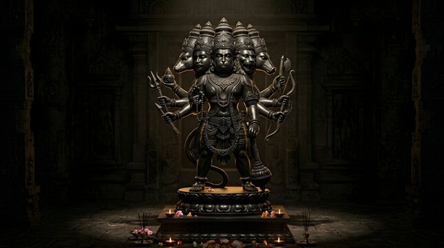 Intricate multi-headed deity statue in dimly lit temple setting