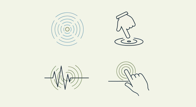 Collection of haptic feedback icons and touch wave signal symbols for interface design