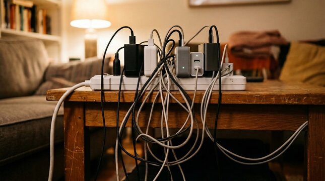 Messy electrical power strip with tangled cables on a wooden table.