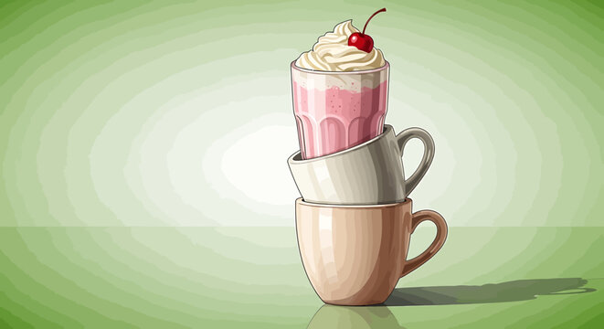 Stacked coffee cups with dessert drink.