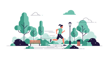 Young woman jogging in a public park flat vector illustration. © Vertu