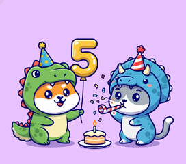 Fototapeta premium Cute cartoon animals celebrating 5th birthday with cake and balloons.