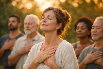 Obraz premium Mindful group meditation, diverse people practicing gratitude and inner peace outdoors. Serene wellness retreat, spiritual connection, and emotional balance.