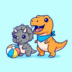 Cute Cartoon Dinosaurs Playing with a Colorful Beach Ball. © Arviz