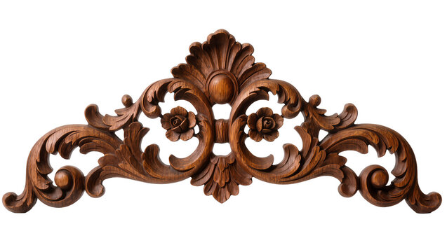 Ornate carved wooden acanthus leaf and rose scrollwork ornament, isolated on transparent background