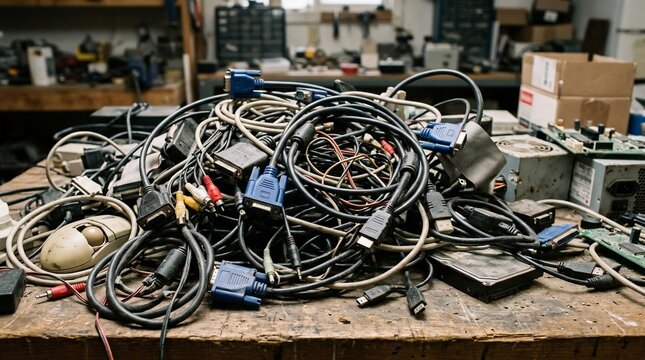 Messy Pile of Old Computer Cables and Electronic Connectors.