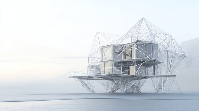 Modern floating house design, mountain background, architectural concept, illustration