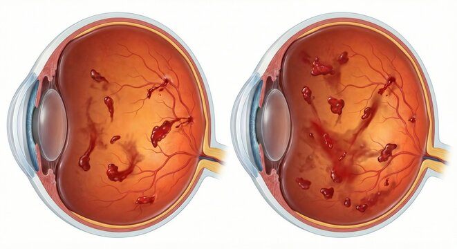 Diabetic Retinopathy 3D medical visualization features globe anatomy with vitreous hemorrhage from damaged retinal vessels, ophthalmology complication image, active hemorrhage pathology render
