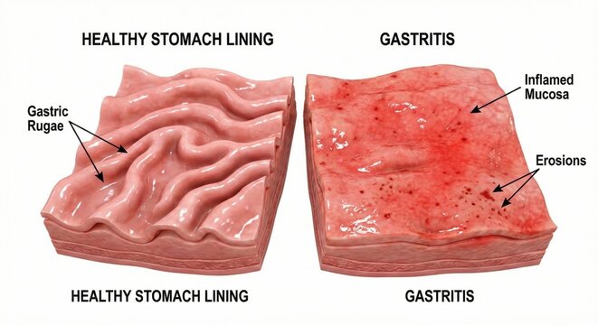 GERD Acid Reflux gastritis comparison cross section shows healthy gastric rugae versus inflamed red flattened mucosa with erosions, gastroenterology pathology render