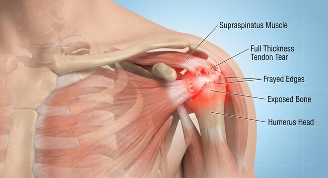 Supraspinatus tendon tear shoulder injury concept, medical 3D anatomical illustration showing full thickness tendon rupture detached from humerus head with visible gap