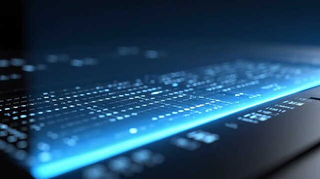 Cinematic view of light beams scanning a dark surface, highlighting intricate patterns and illuminated keyboard elements