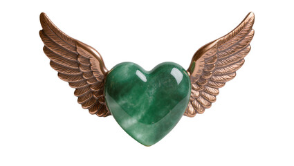 Polished green jade heart with bronze wings, isolated on transparent background © PROSTOCK