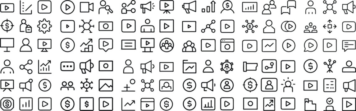Collection of web and digital icons, meticulously crafted and designed to convey a variety of online and technical concepts. It serves as a comprehensive visual resource for digital content creators.