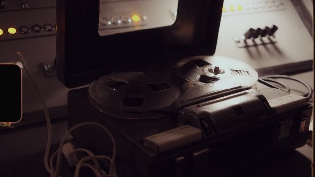 Vintage reel-to-reel tape recorder playing music