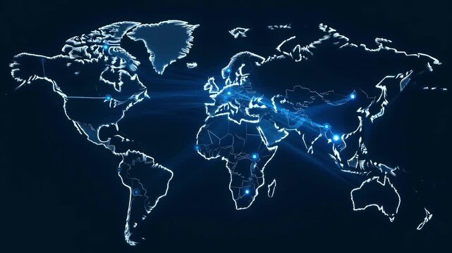 Visualizing global interconnectedness and digital data pathways across continents, representing a modern network concept for technological reach