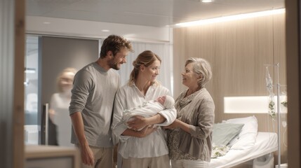 Fototapeta premium Happy family with newborn baby in a modern hospital room, mother holding the baby, father standing beside her, grandmother gently smiling, emotional connection