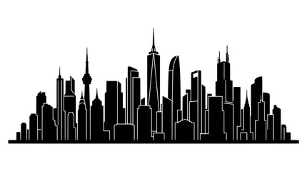 Obraz premium City skyline silhouette vector with tall skyscrapers, skyline skyline lineart, urban night architecture background