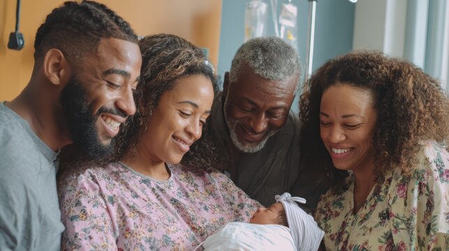 Multigenerational Black family gathered around newborn baby, parents and grandparents sharing calm happiness, natural body language, bright modern hospital room