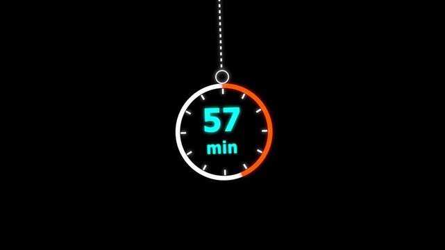 57 min clock icon animation. Clock 57-minute icon. modern clock 57 minutes isolated on black background. and creating a stunning video.