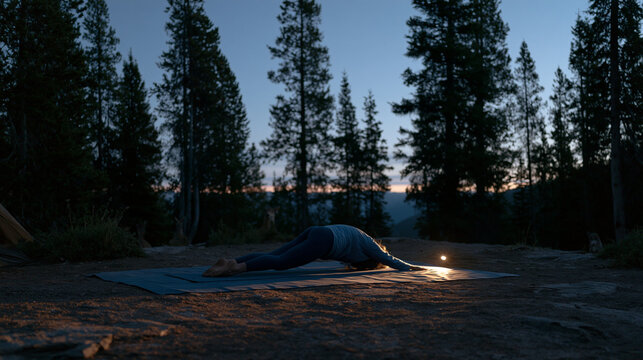 Yoga at forest camp predawn hour, a practitioner in downward dog pose illuminated solely by a headlamp beam directed at the mat, silhouetted trees surrounding the clearing and a thin band of pre-sun