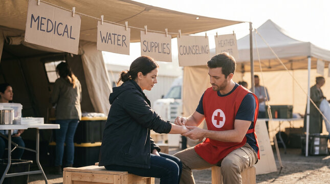 A disaster relief medic in a red tabard treats a minor wound for a woman seated on a crate outside a temporary shelter, a makeshift outdoor 3