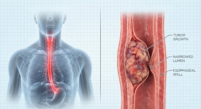 Esophageal Cancer Illustration - Human Anatomy with Tumor Growth and Narrowed Lumen.