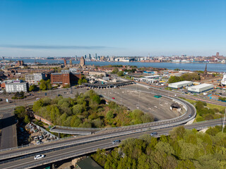 Obraz premium Aerial view of slipway roads leading to the road tunnel under the River Mersey, Birkenhead, Wirral, Merseyside, England