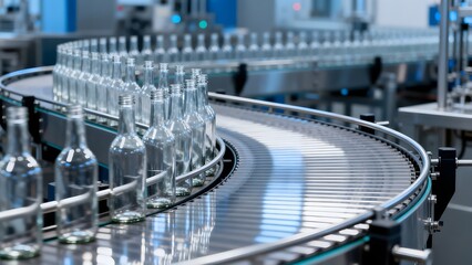 Obraz premium Empty glass bottles on conveyor belt