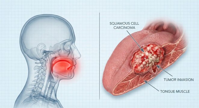 Squamous Cell Carcinoma of the Tongue - Medical Illustration of Oral Cancer.