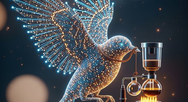 Futuristic Digital Bird Delivering Siphon Coffee Concept